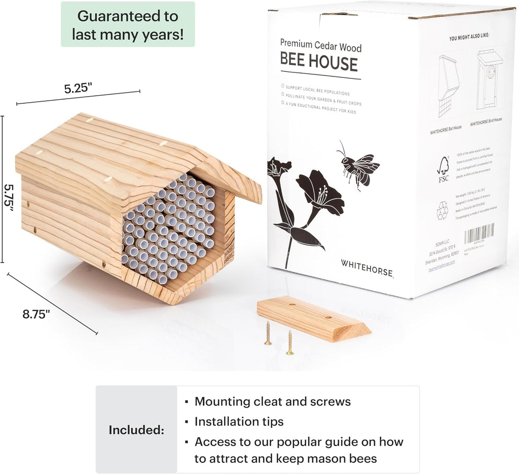 WHITEHORSE Premium Cedar Bee House - 6” Long Replaceable Tubes - Perfect for Mason Beekeeping - an Insect Hotel Built