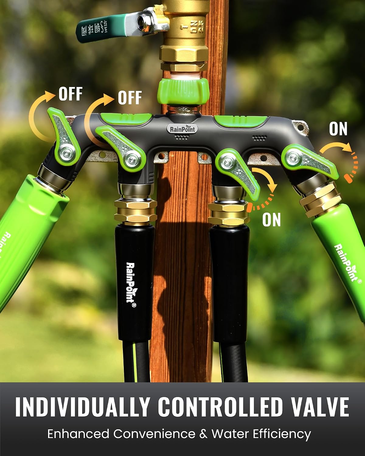 RAINPOINT 4 Way Garden Hose Splitter, 100% Metal Heavy Duty Water Hose Splitter with Individual Shut-Off Valves, 3/4"