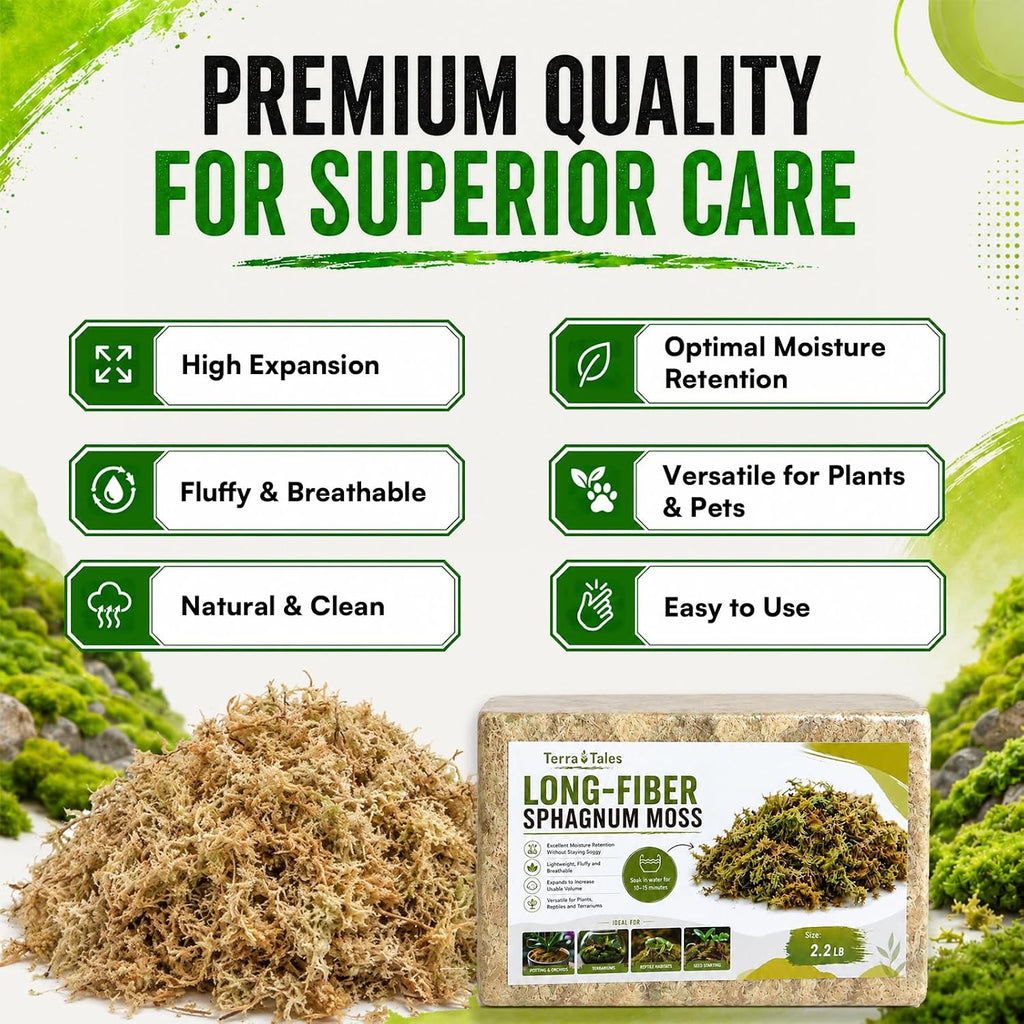 2.2LB Natural Long Fiber Sphagnum Moss Compressed Brick Expands to 60QT, Premium Orchid Moss for Repotting, Carnivorous
