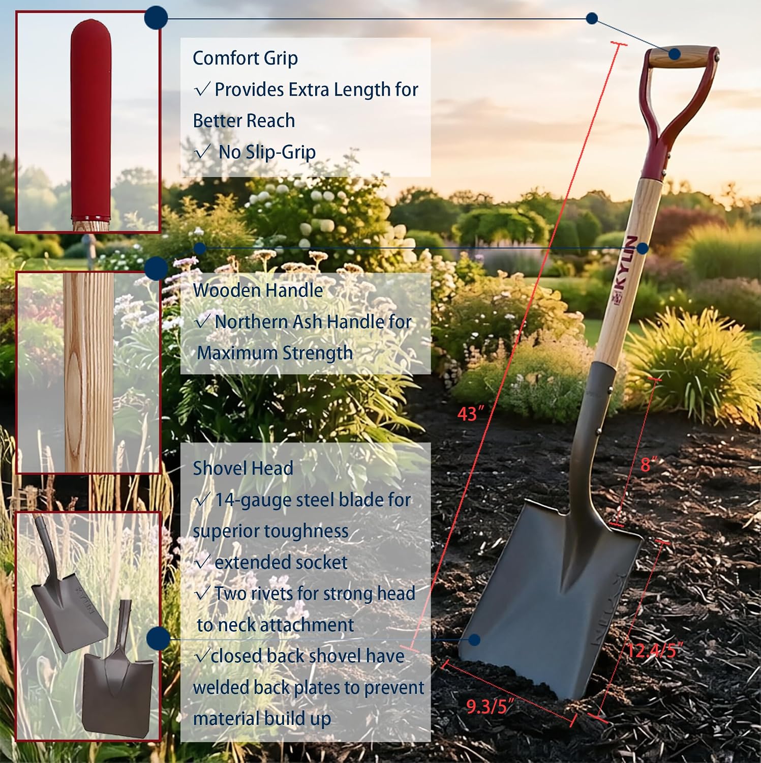 KYLIN 6-Piece Pro Long Ash Handle Garden Tools Set for Landscaping Agricture or Backyard,14-Gauge Shovels,Forged