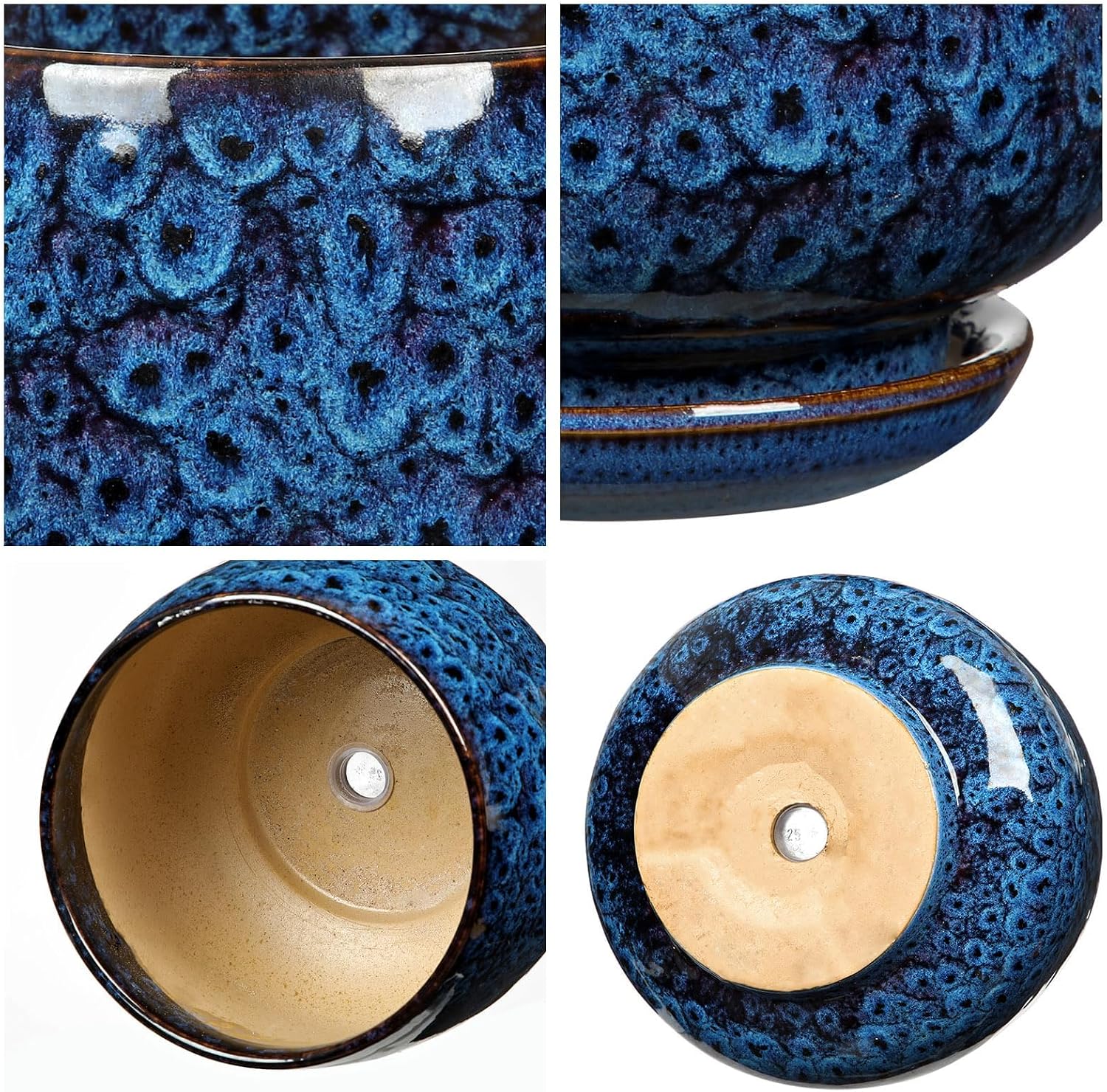 GnFlus Blue Ceramic Planter Pots with Drainage Holes, Set of 2 7''+5'' Saucers Large Round Plant Pot for Indoor-Outdoor