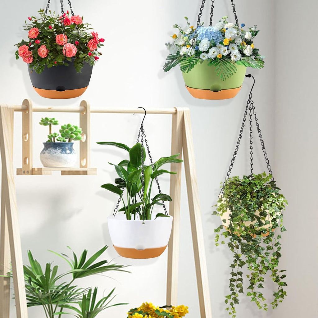 KPUVX 10 inch Hanging Planters Self Watering Pots, 3 Pack, White | For Indoor Plants, Plastic Hanging Basket, Removable