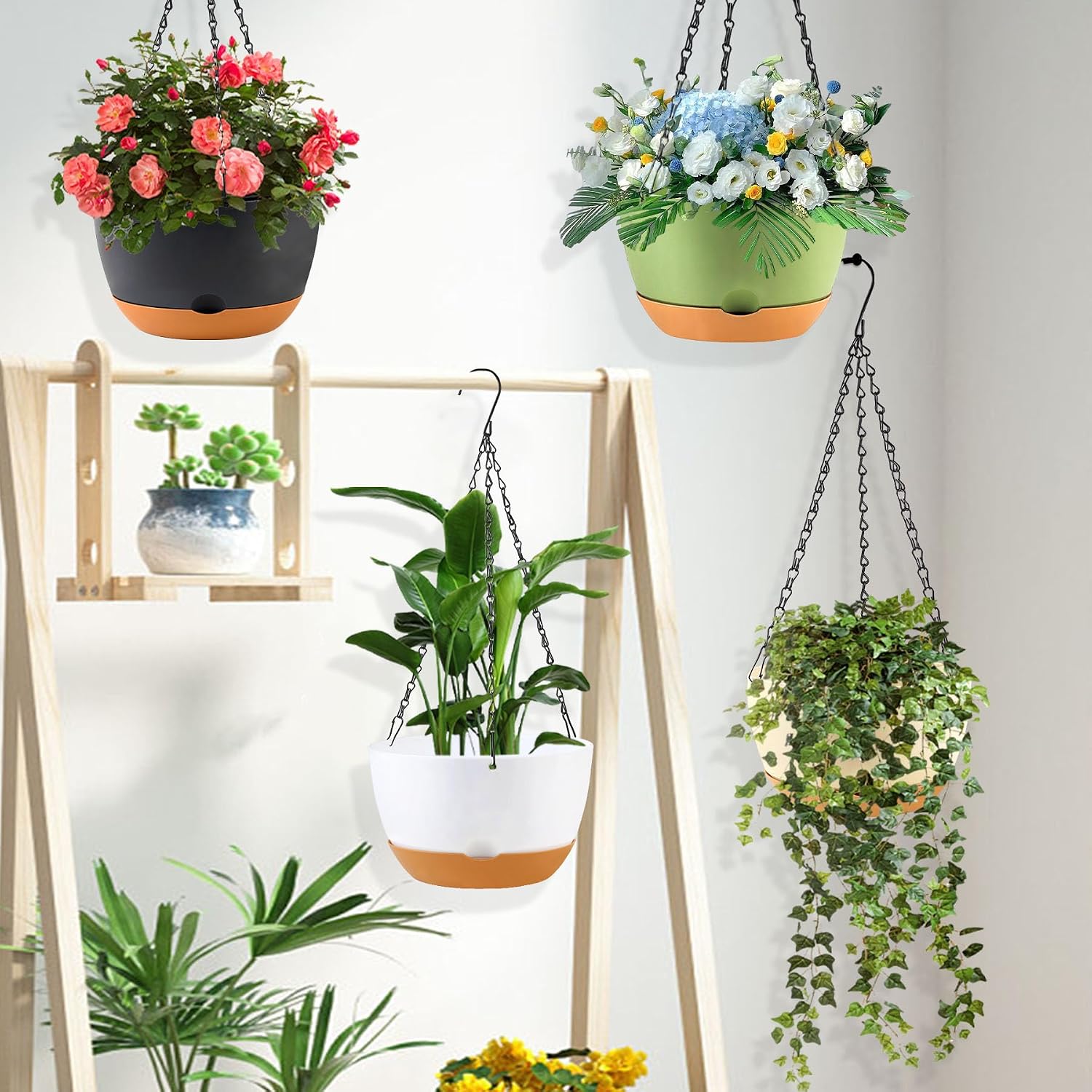 KPUVX 10 inch Hanging Planters Self Watering Pots, 3 Pack, White | For Indoor Plants, Plastic Hanging Basket, Removable
