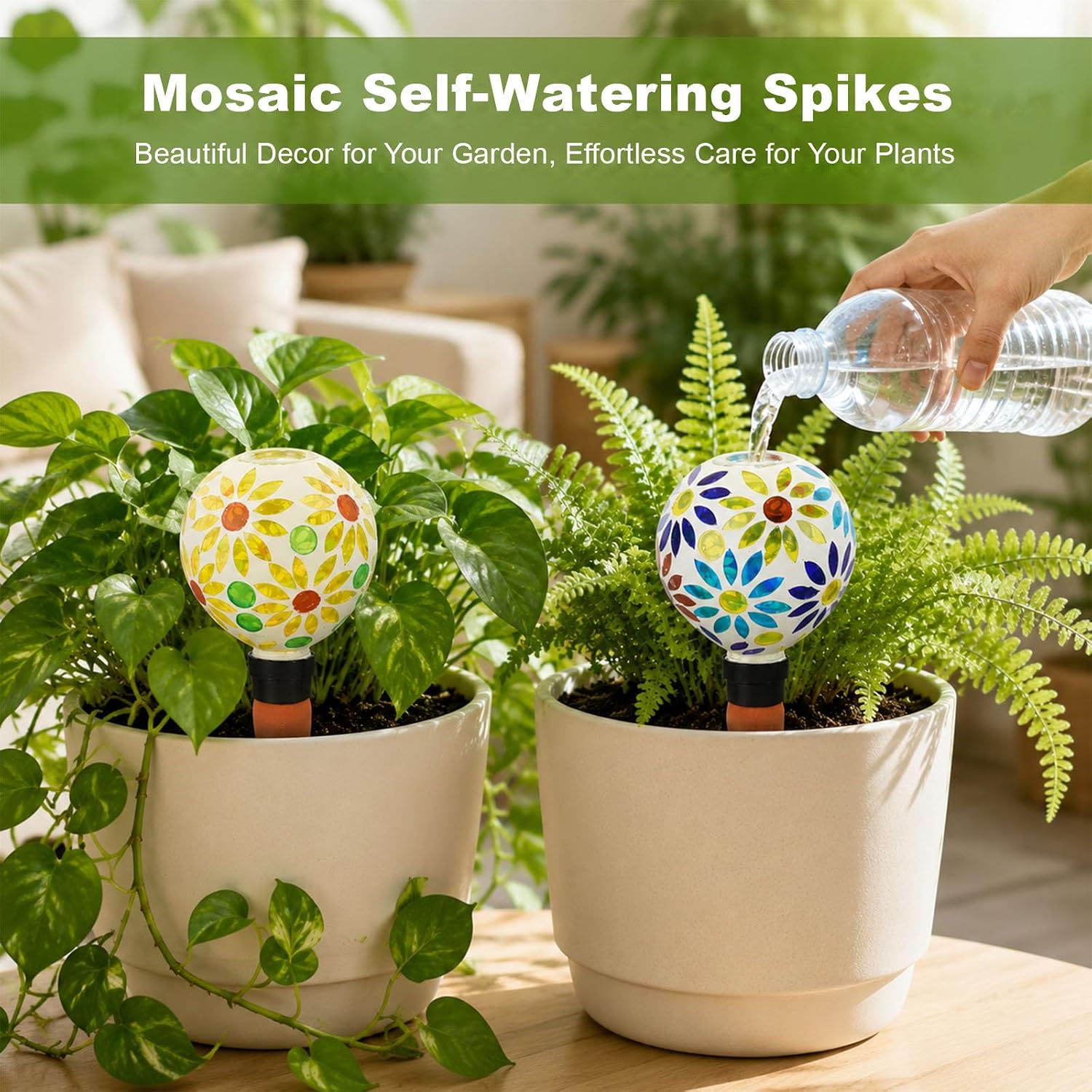 2 PCS Mosaic Plant Watering Globes with Terracotta Watering Spikes, 17oz Glass Self Watering Globes for Indoor &