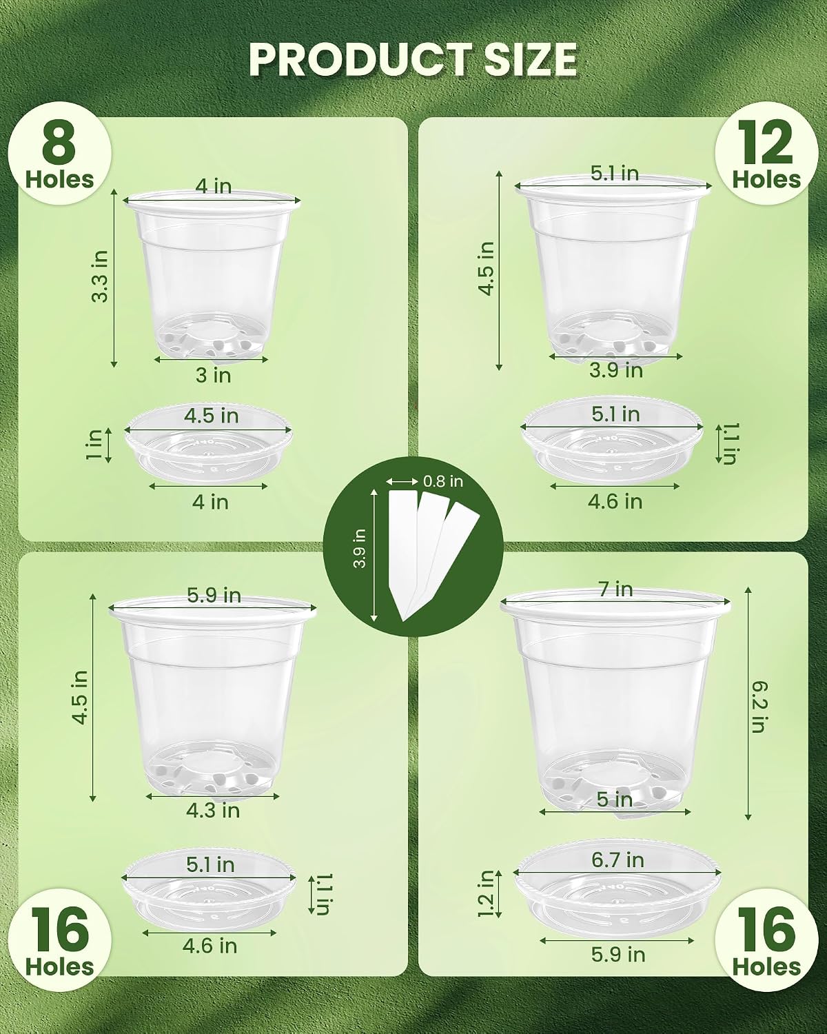24 Pcs 7/6/5/4 In Clear Nursery Pots for Plants with Saucers, 24 Labels | High Transparency (Clear View of Root