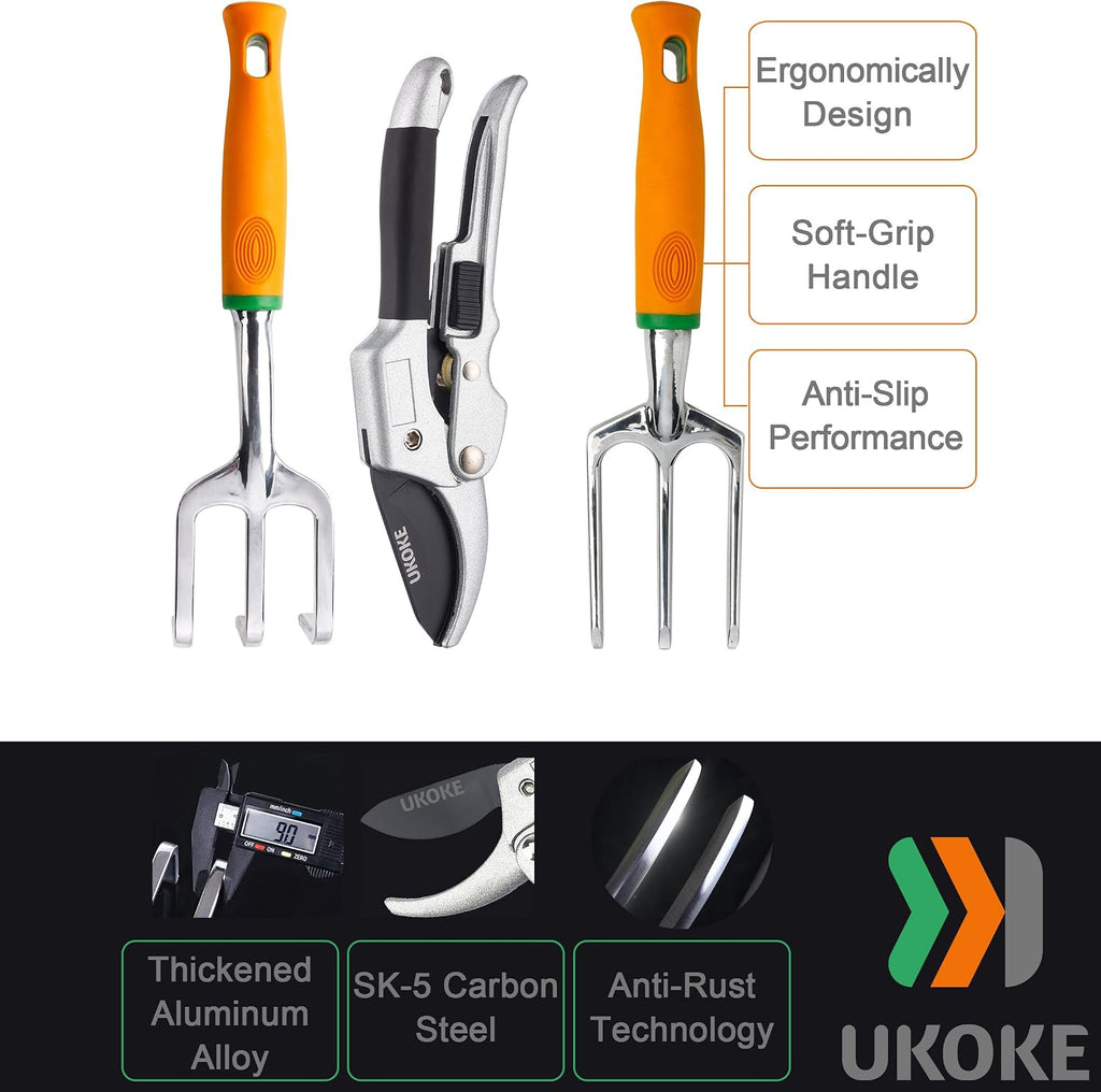 UKOKE Garden Tool Set, 12 Piece Aluminum Hand Tool Kit, Garden Canvas Apron with Storage Pocket, Outdoor Tool, Heavy