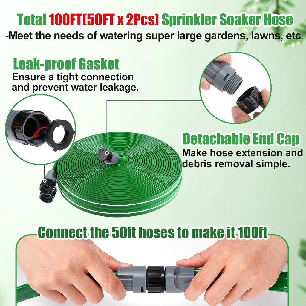 2 Pack 50ft Sprinkler Soaker Hose | Kink-free, Save Water, Flexible, Heavy Duty Three Tube Flat Watering Hose for