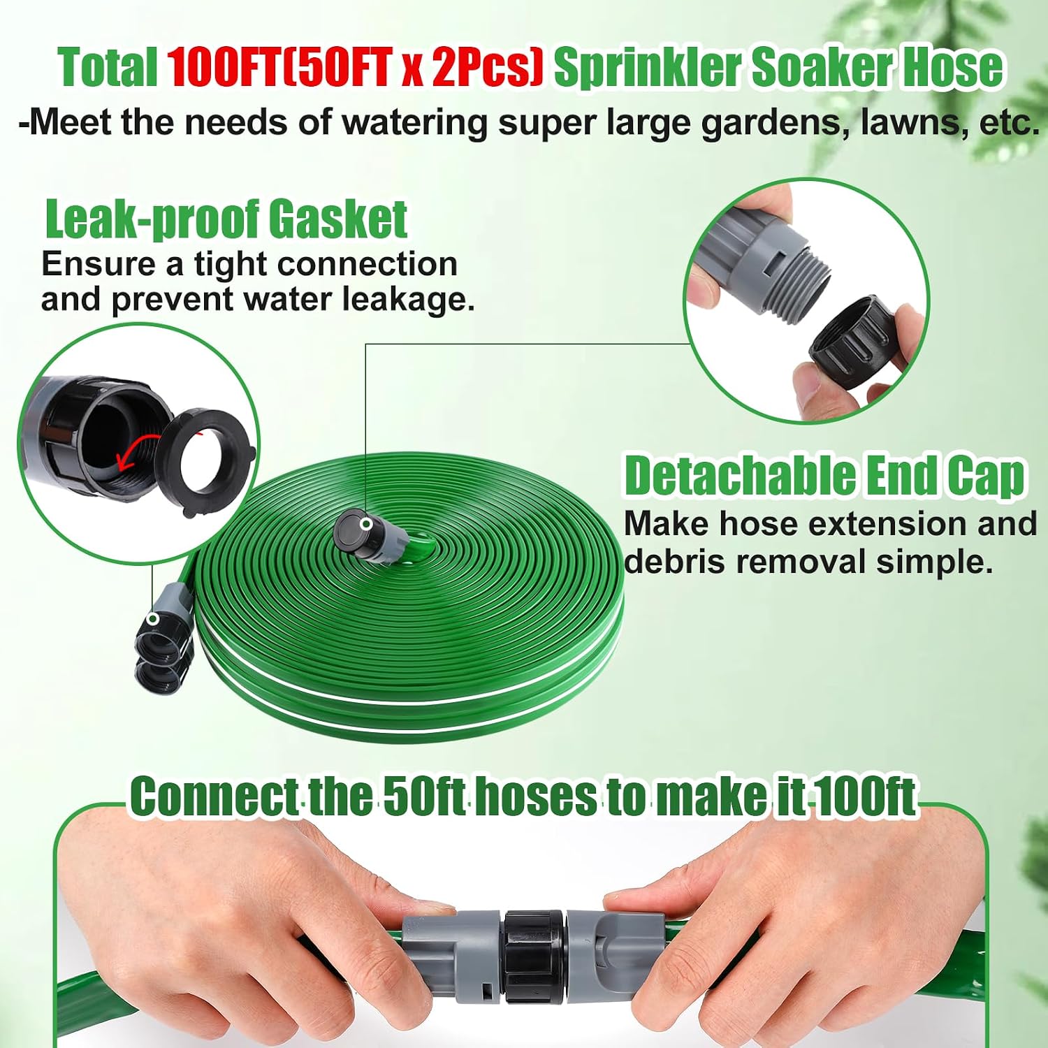 2 Pack 50ft Sprinkler Soaker Hose | Kink-free, Save Water, Flexible, Heavy Duty Three Tube Flat Watering Hose for