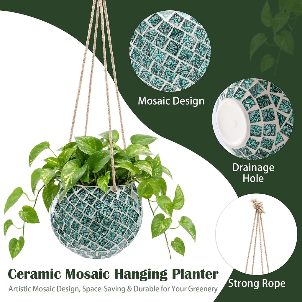Ceramic Hanging Planter Mosaic Hanging Flower Pot | Small Plant Pot for Indoor Plant Disco Ball Planter with Drainage