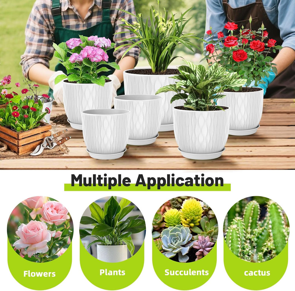 Plastic Plant Pots 10/9/8/7.5/7 inch Set of 5, Flower Planters with Drainage Holes and Saucers, Plastic Pots for Indoor