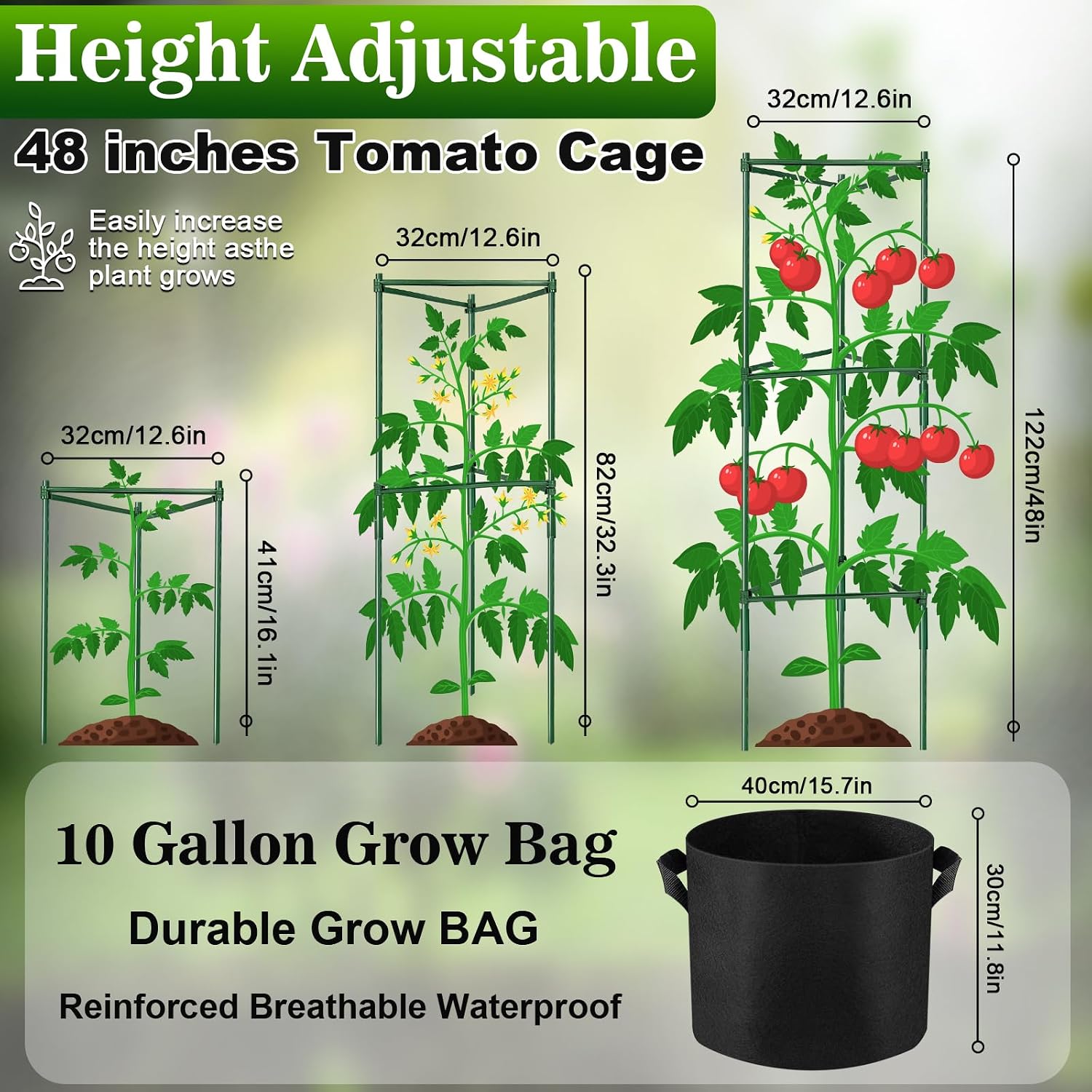4 Pack 48 Inch Tomato Cages with 10 Gallon Grow Bags for Plant Support | Garden Trellis and Grow Bag Set for Tomatoes