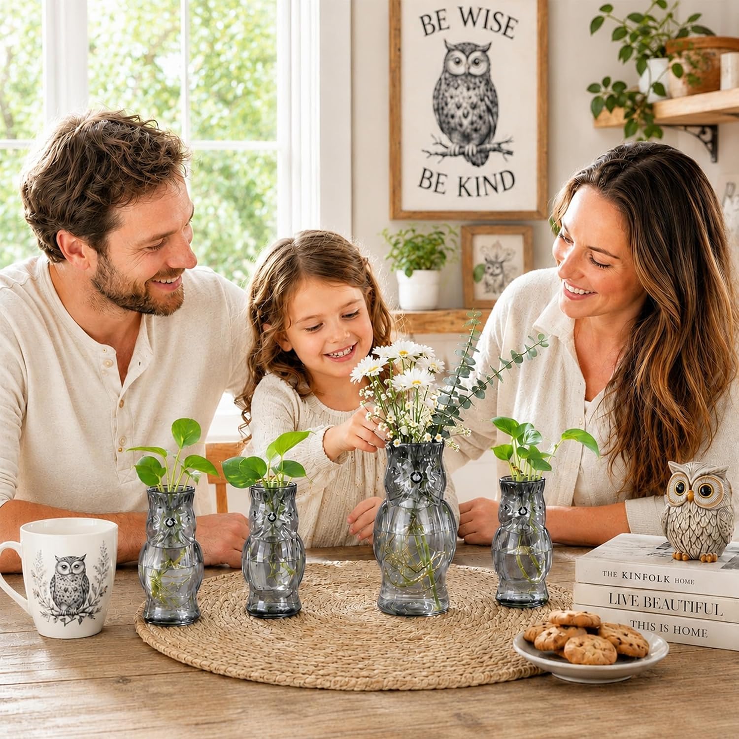 Owl Plant Propagation Station: Set of 4 Cute Grey Glass Vases | Small Plant Terrarium for Hydroponics, Home Office