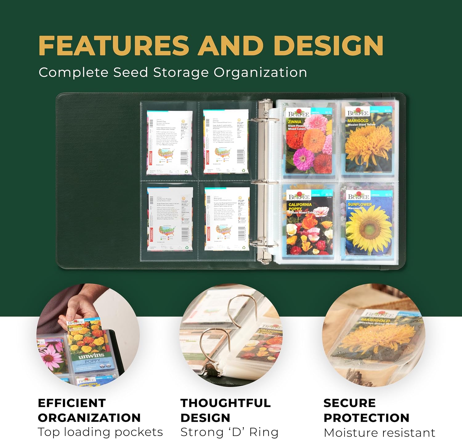 Wildgoose Seed Binder - Garden Seed Packet Organizer, Storage Book, Green | 50 sheet protectors hold 200 envelopes
