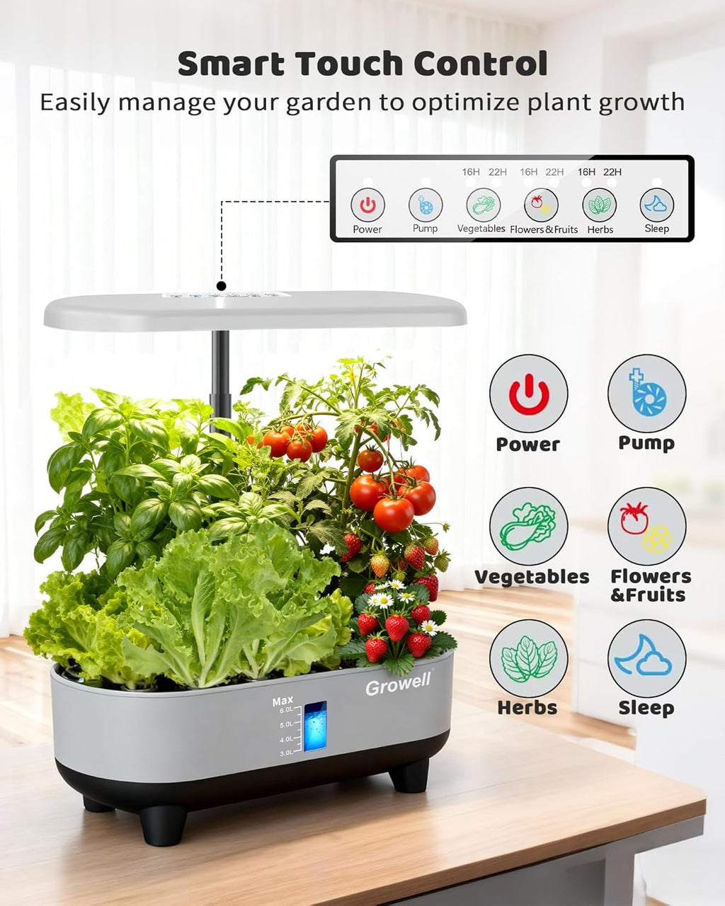 Growell 16 Pods Hydroponics Growing System Kit with 3 Light Modes & 2 Timer | Smart Water Circulation, LED Grow Light