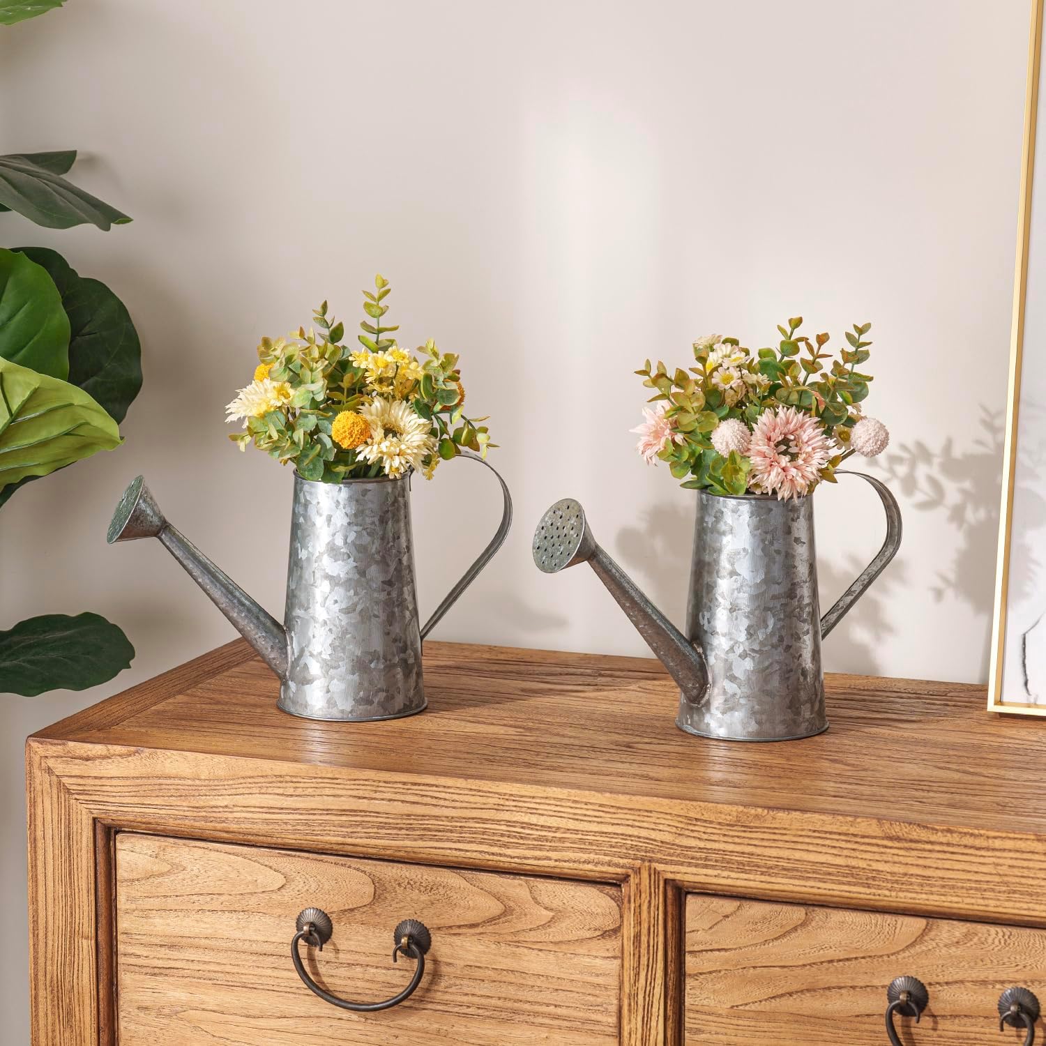 MyGift Vintage Galvanized Metal Watering Can Vases for Flowers, Set of 2 | Handcrafted in India, these vintage vases
