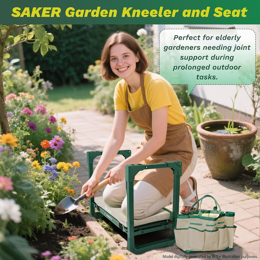 Saker Garden Kneeler and Seat Foldable Gardening Stool with Extendable Legs | Thickened Pad Tool/Storage Bag , Heavy