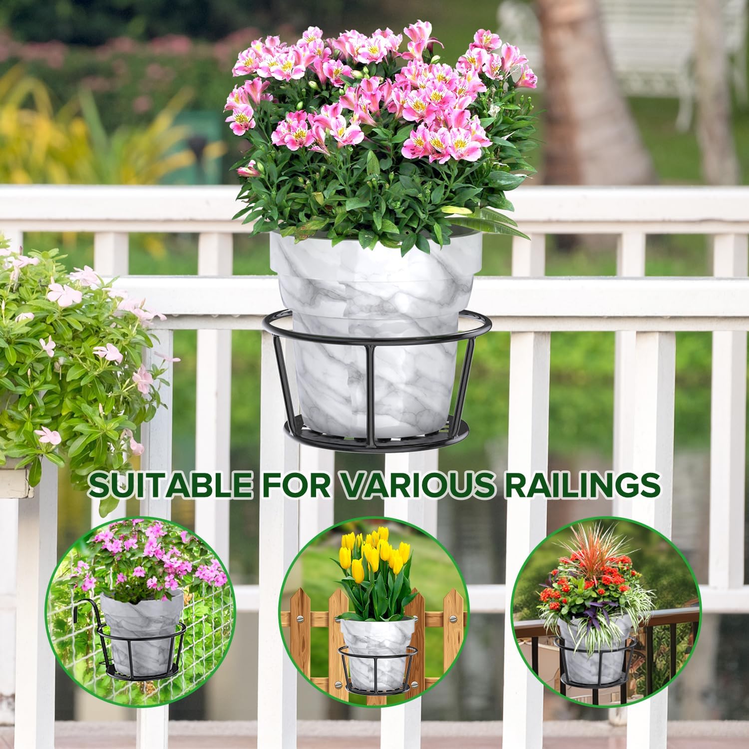 3PCS Railing Planter Holders, Compatible with 1"-2.08" Wide Railings | 3 PCS Railing Hanging Planter Holders, Round