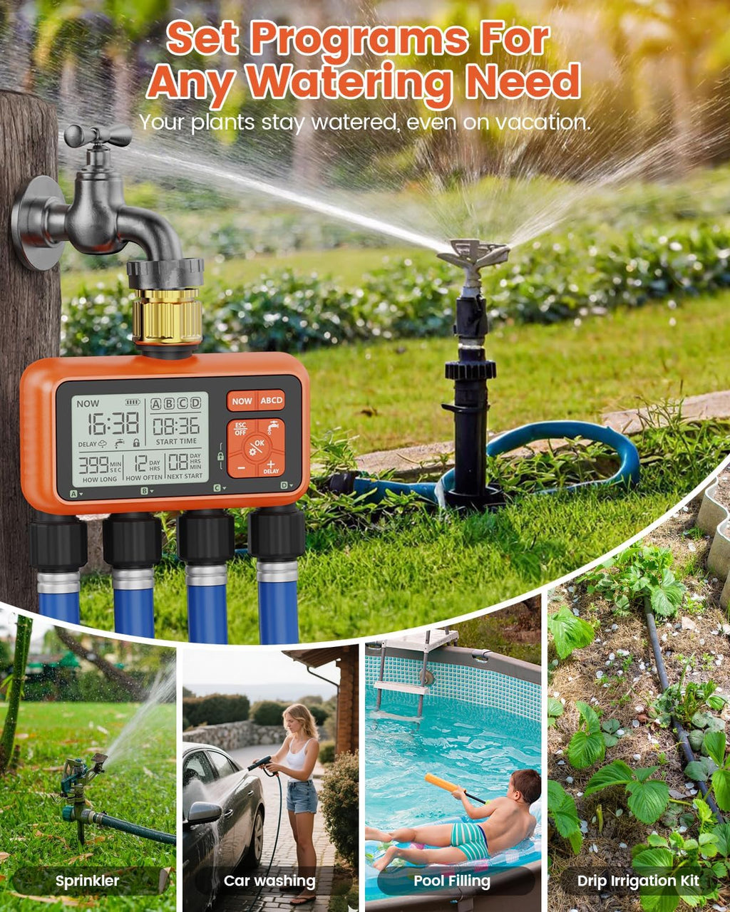 Sprinkler Timer 4 Zone with Brass Inlet Water Timer for Garden | Programmable Faucet Controller with Independent Zone