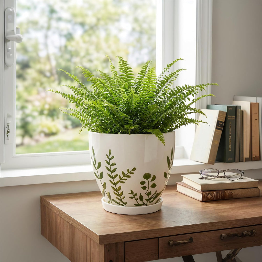 Ceramic Pot for Plants 8.2 Inch - Indoor Plant Pot with Drainage Hole and Saucer, Decorative Boho Round Outdoor