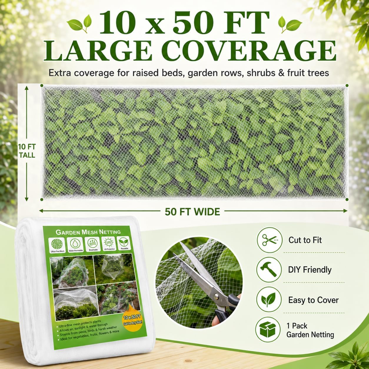 10 ft x 50 ft Garden Mesh Netting,Ultra Fine Plant netting for garden protection, garden netting for raised beds