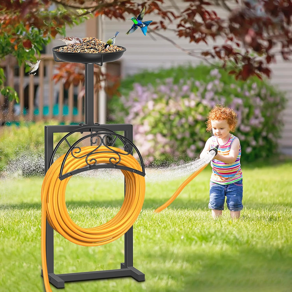 Garden Hose Holder Hanger Freestanding, Upgraded 4 Spikes Heavy Duty Storage Reel Stand with Bird Feeder Bowl, Holds