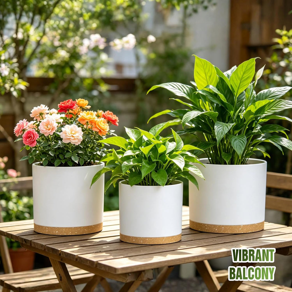 10/9/8 Inch Plant Pots 3 Pack, with Drainage Hole & Saucers | Cylindrical plastic planters with drainage holes &