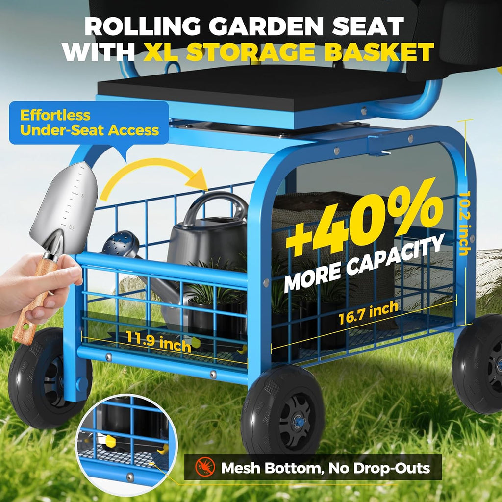 Suntee Garden Seat with Wheels, Rolling Gardening Stool with 360° Swivel Seat & Backrest,Tool Storage Basket & Back