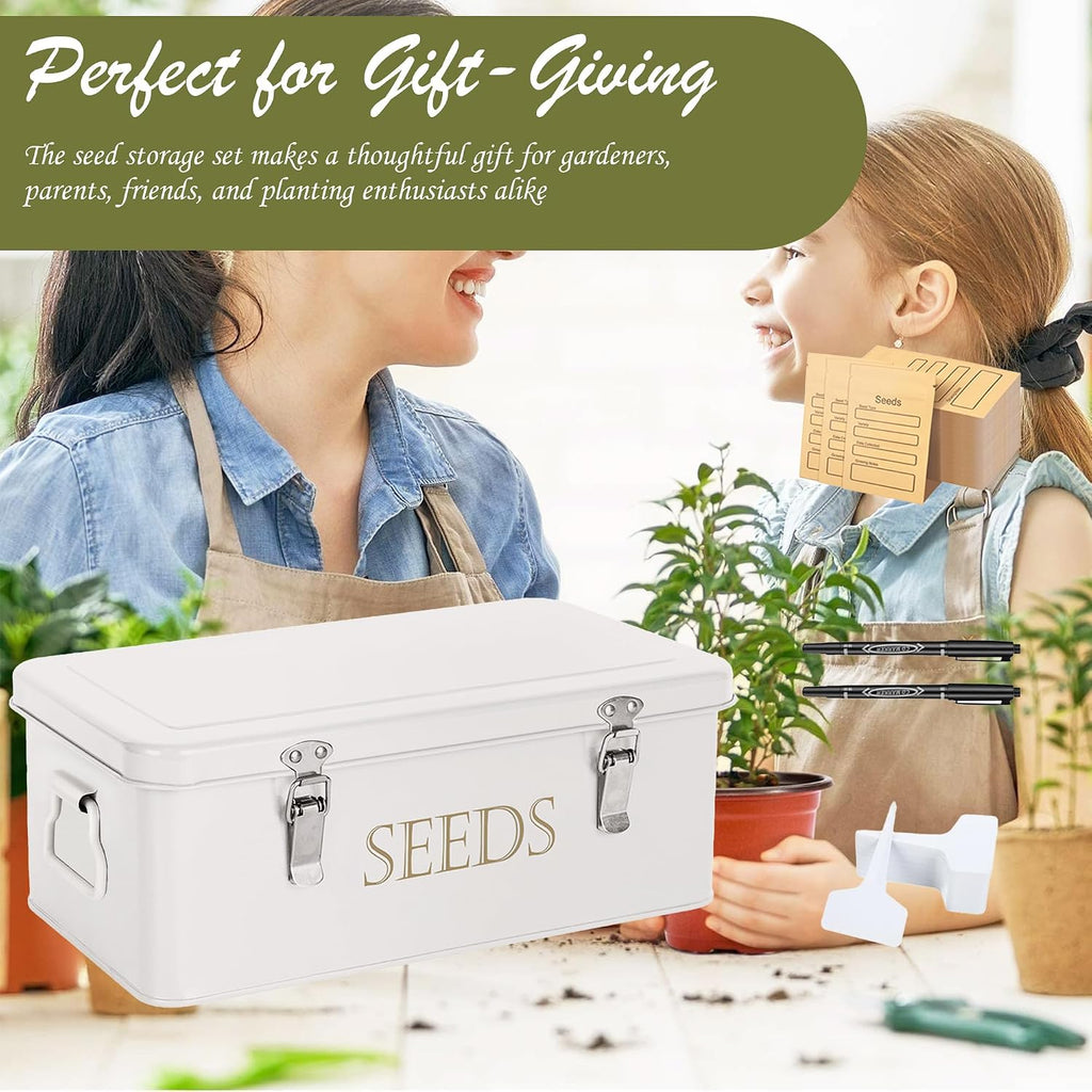 ECOPARK Seed Storage Box, Professional All-in-one Kit | with 2 Pens, 20 Plant Labels and 50 Seed Envelopes, Metal