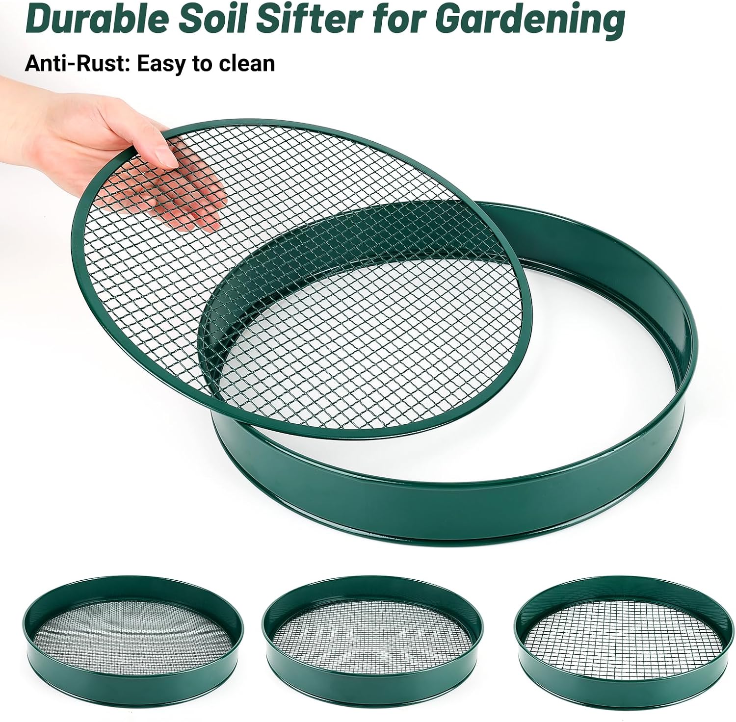 Soil Sifter for Gardening, 12" Green Soil Sifter Potting Sieve with Shovel and 4 Fine Screens for Sand Dirt, Sand