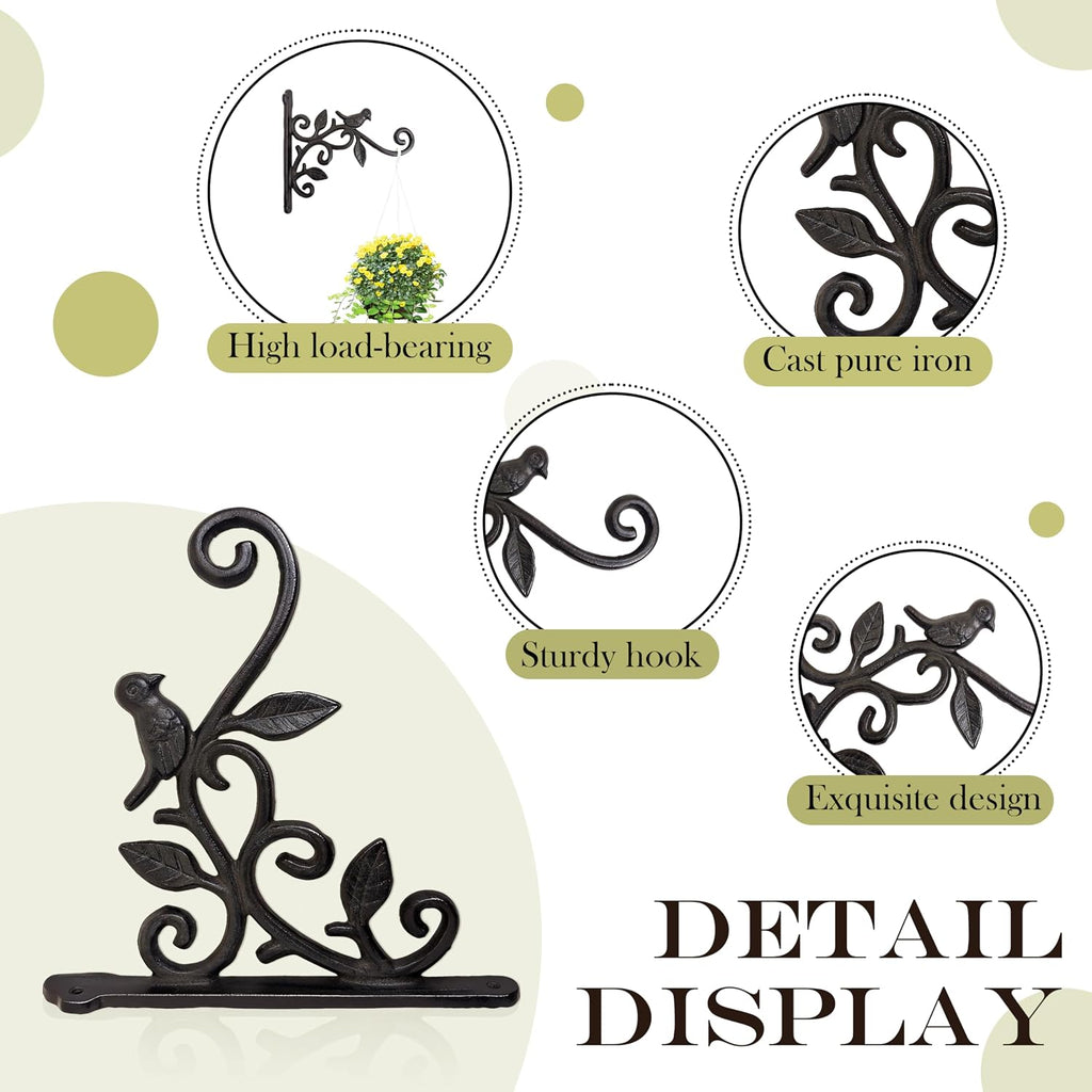 Wrought Iron Plant Hanger, Vintage Bird & Leaf Cast Iron Wall Mounted Plant Hanger, Heavy Duty Outdoor Hanging Brackets