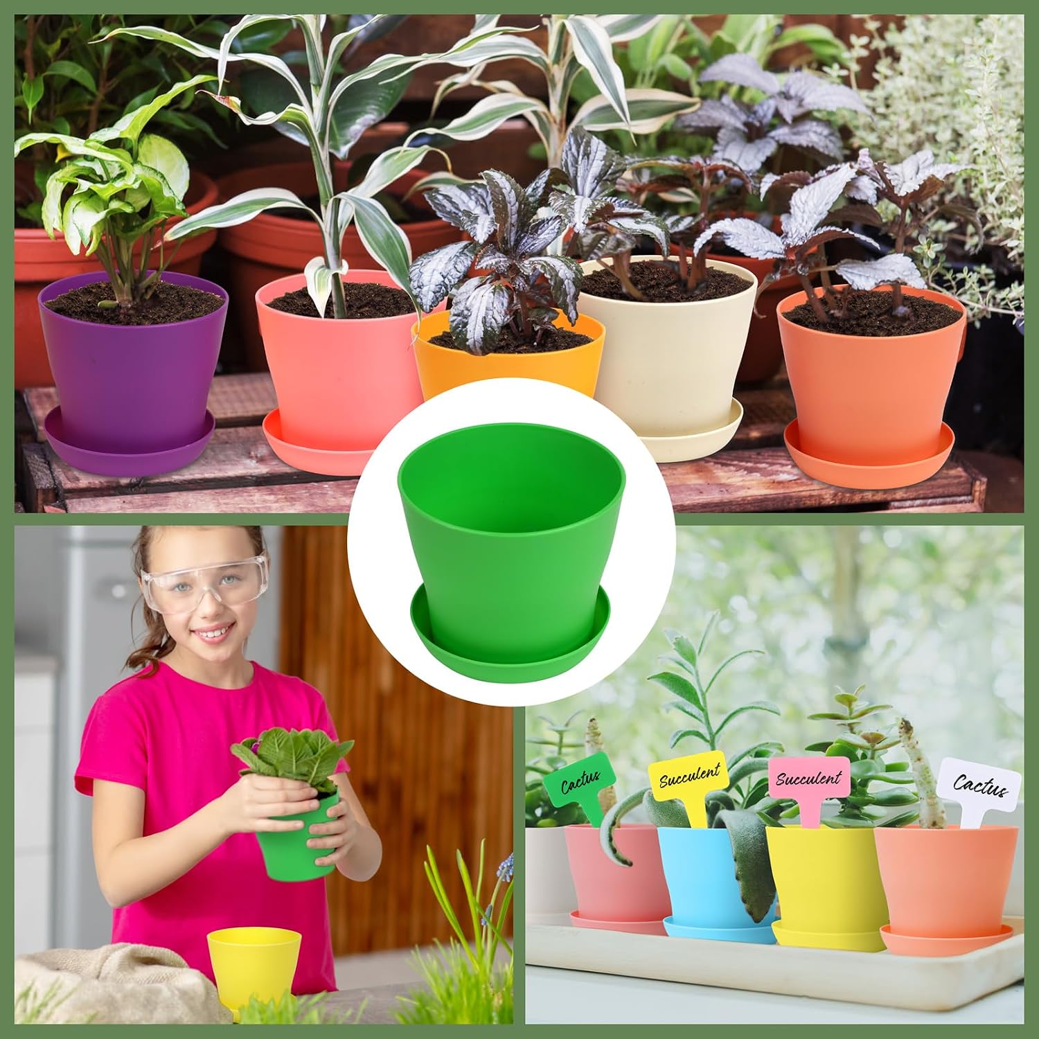 Hahood 60 Pieces Plastic Planters 4 Inch Flower Pot with Trays Labels Multicolor Flower Plant Pots Plants Nursery Pots