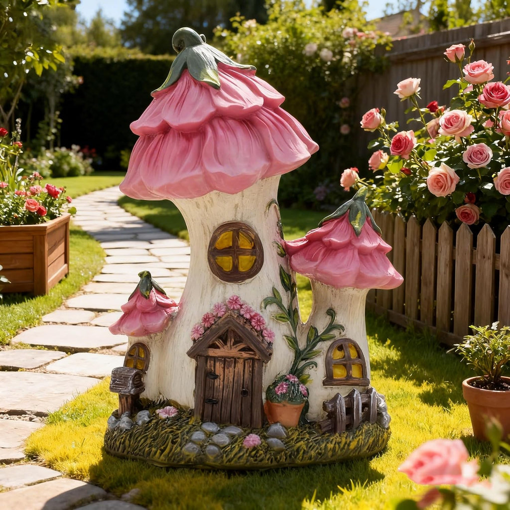 Pink Mushroom House Fairy Garden Statue,7.7 Inches | Resin Whimsical Figurine for Patio, Lawn, Yard, Outdoor & Indoor