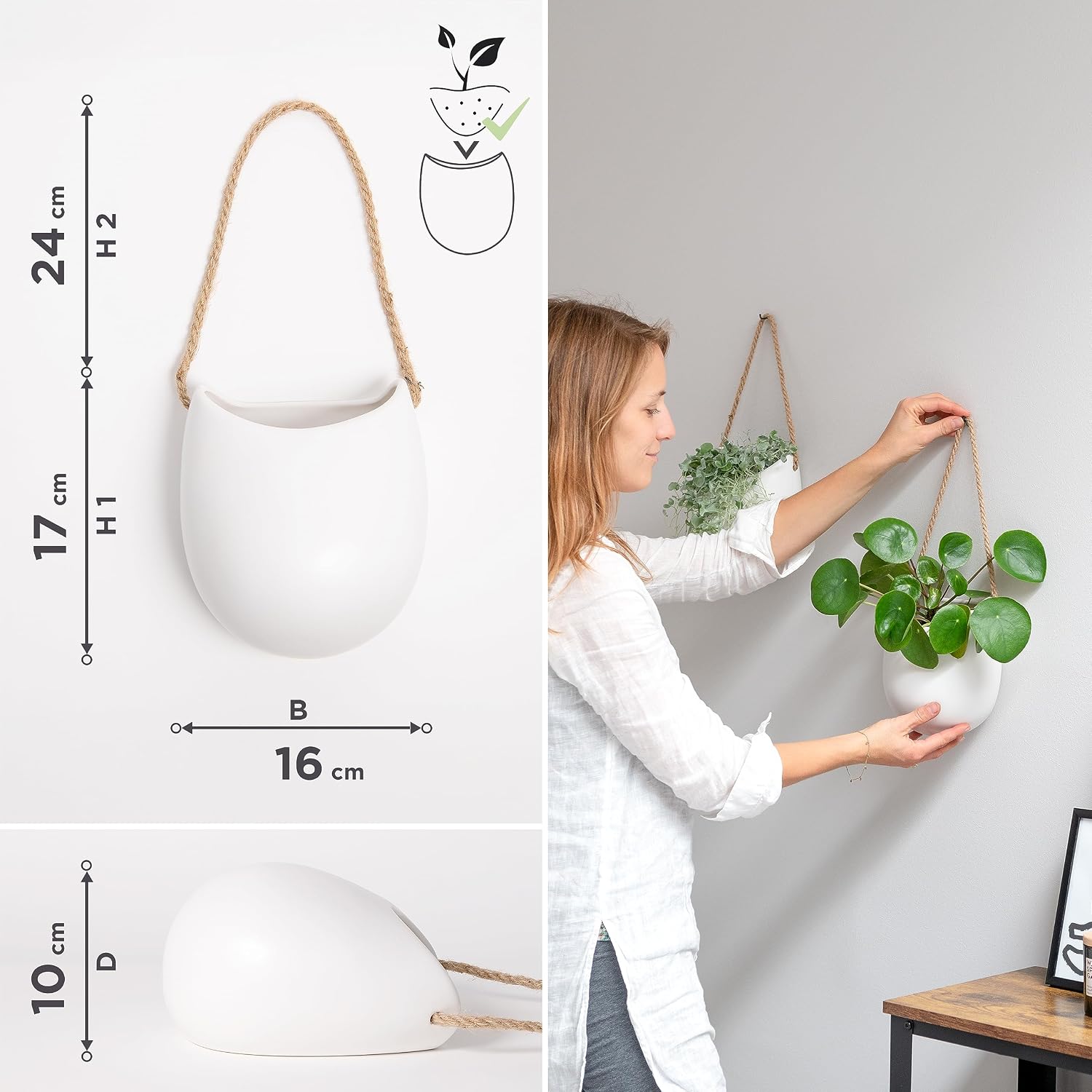 Kazai. Wall Planters -Ellie- | Hanging Ceramic Plant Pots 2 Pieces | Wall Decoration for Indoors, Balcony and Garden