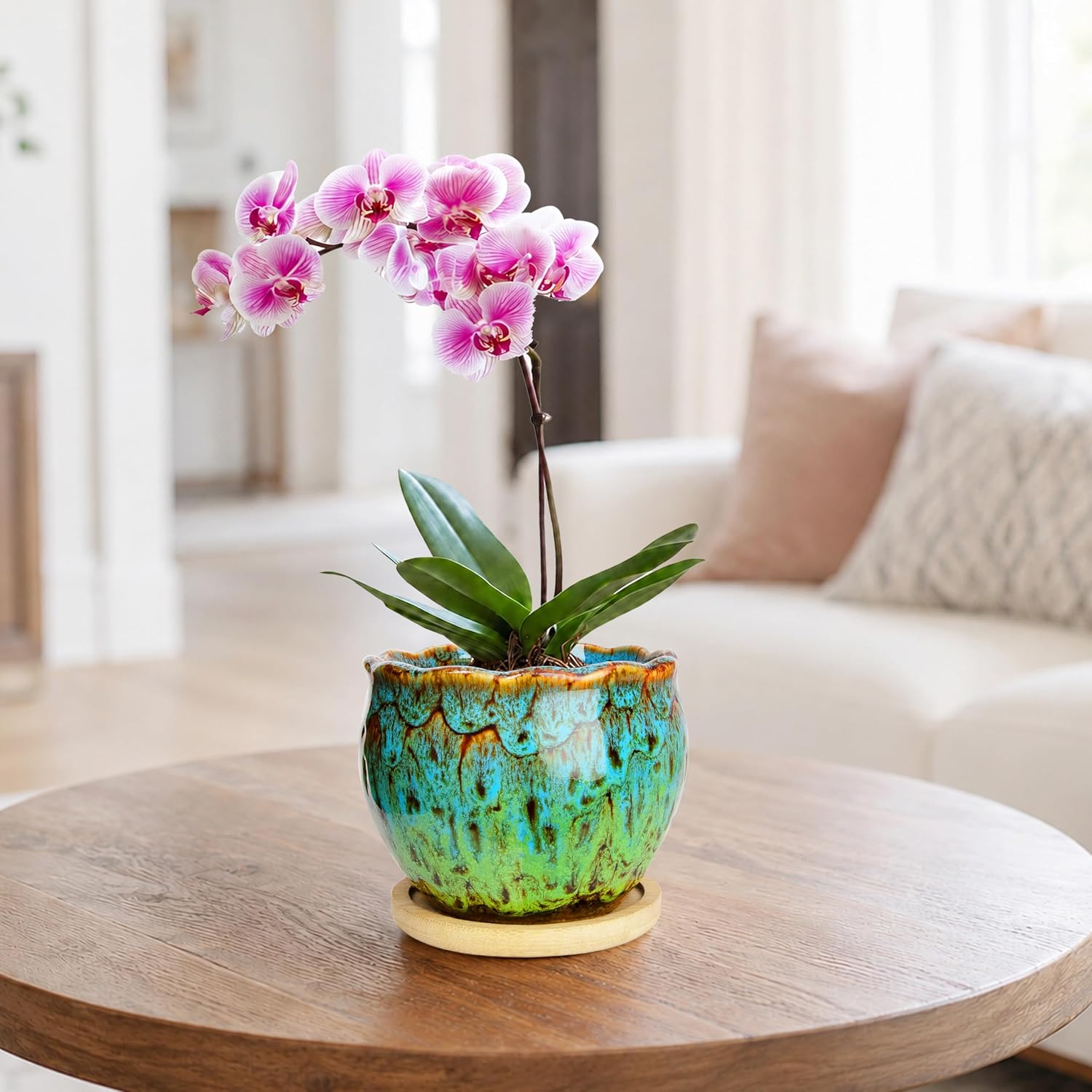 ARTKETTY Succulent Pots, 4 Inch Plant Pots with Drainage Tray | Small Ceramic Pots for Indoor Plants Set of 4, Round