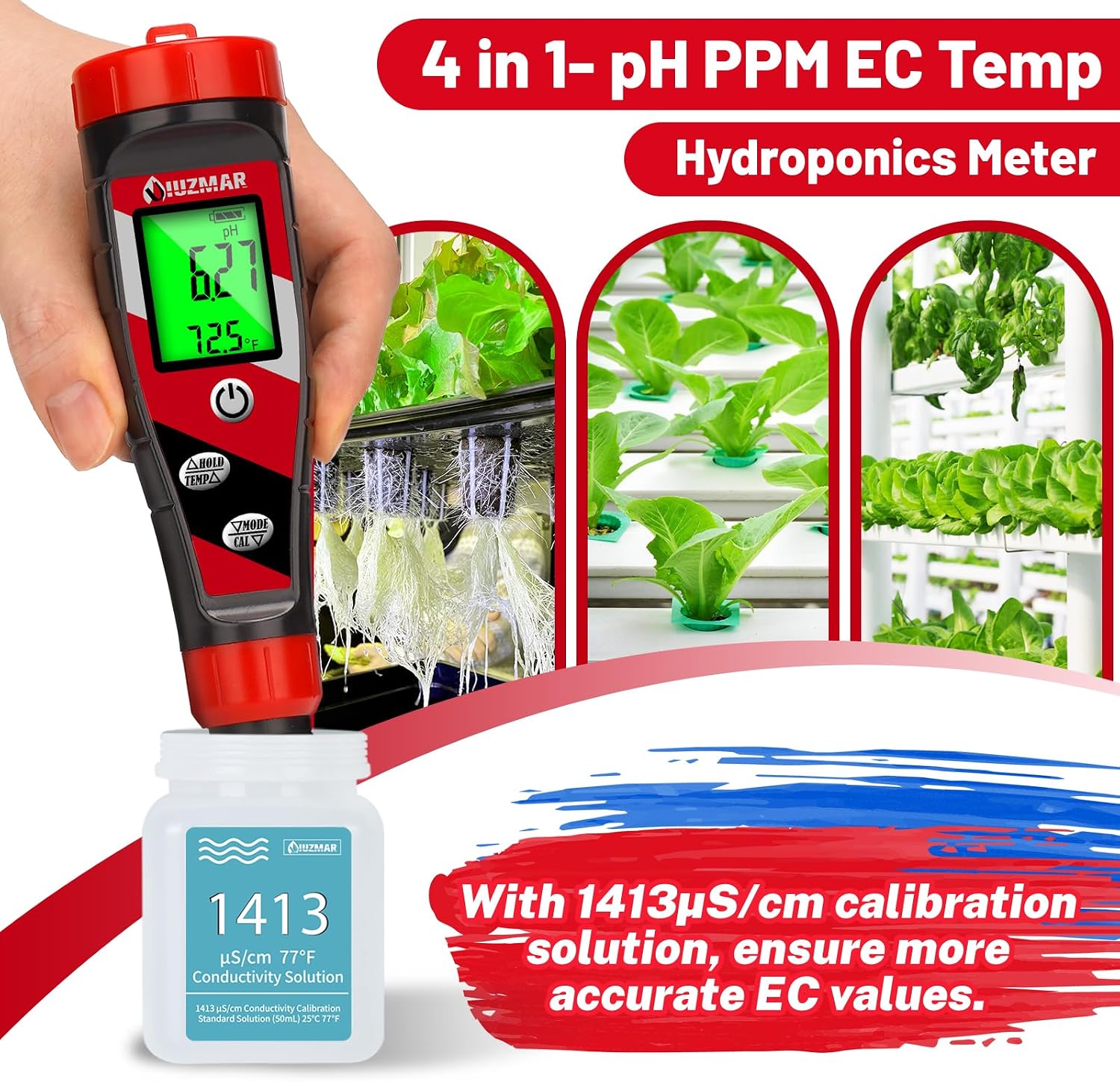 pH Meter for Water Hydroponics Supplies 4 in 1 pH PPM ECTester | pH Up and Down Tester Digital PPM Meter EC Meter Combo