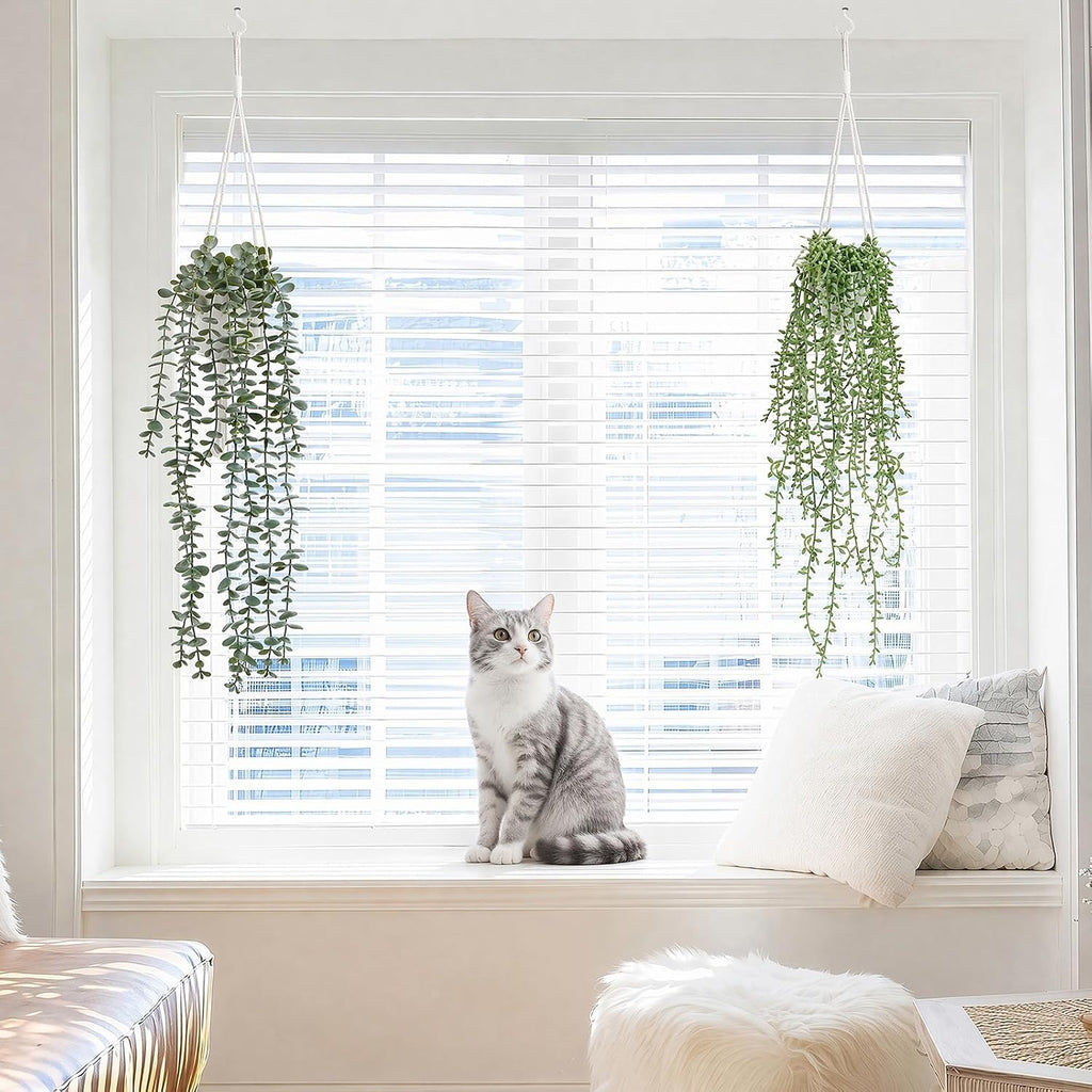 2Pcs Artificial Hanging Plants Macrame Hanger Pots Indoor Wall Home Decor | Faux Trailing Greenery, Fake Eucalyptus &