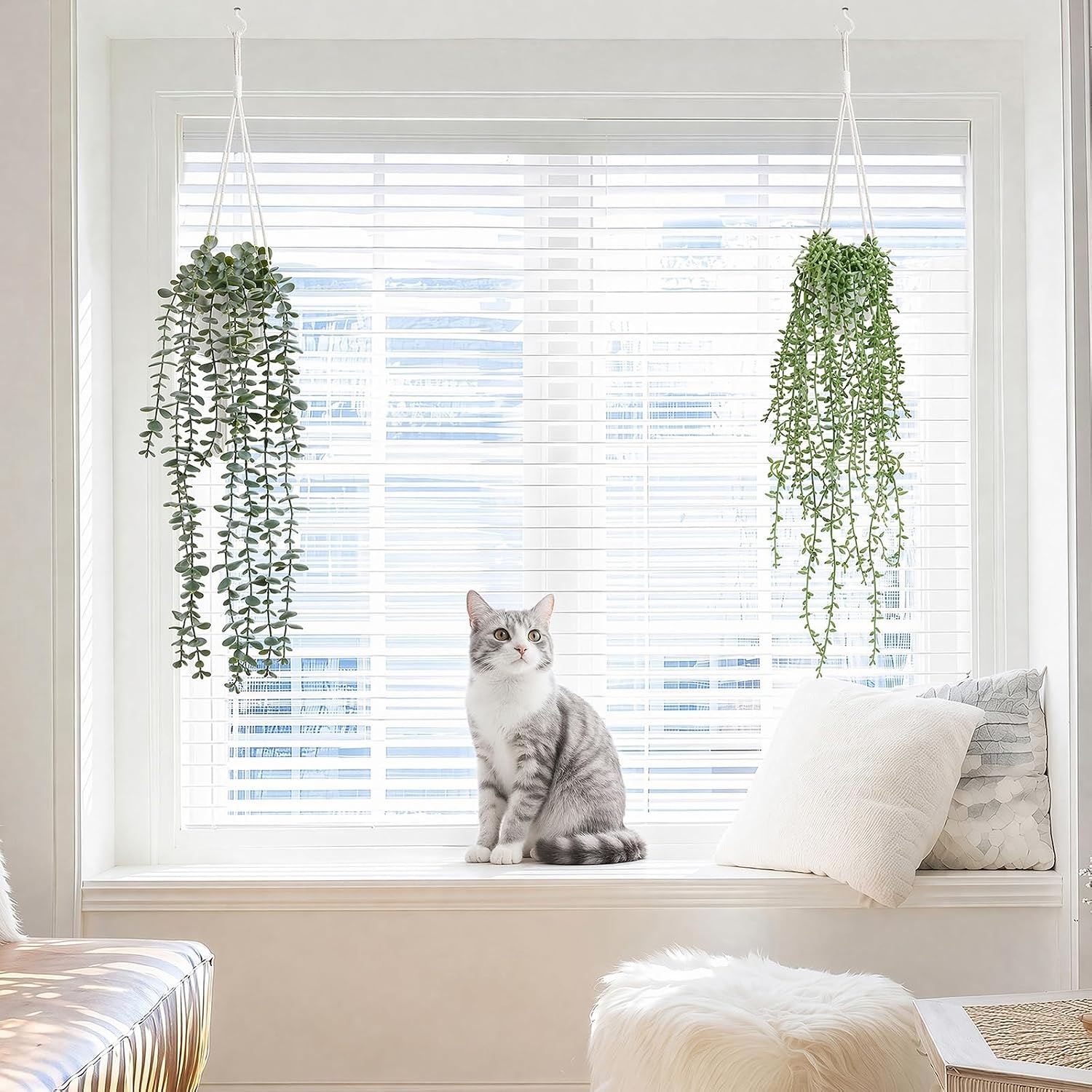 2Pcs Artificial Hanging Plants Macrame Hanger Pots Indoor Wall Home Decor | Faux Trailing Greenery, Fake Eucalyptus &