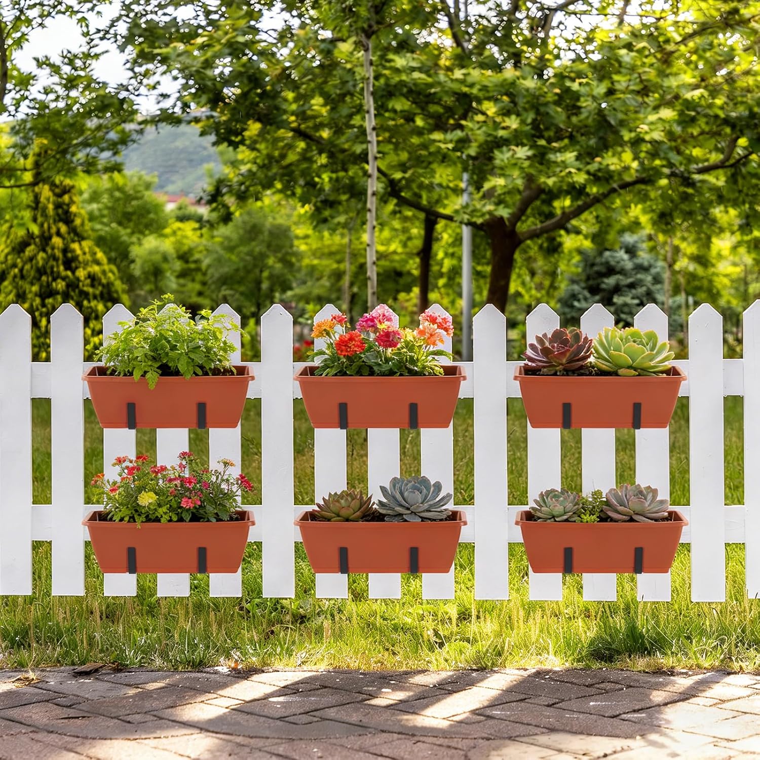 Railing Planter Box 4 Pack Window Boxes Planters with Adjustable Brackets | 17 Inch Rectangular Hanging Flower Pots