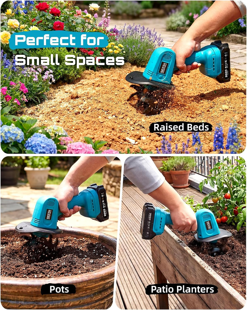 Mini Cordless Tiller Cultivator, 20V Electric Rototiller for Gardening | Lightweight 2.6 lbs, 2 x 2.0Ah Batteries, 4"