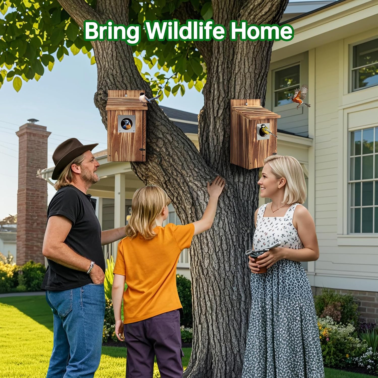 2 Pack Bird Houses for Outside with Metal Predator Guard for Bluebird Wren Swallow Finch, Carbonized Wooden Nesting