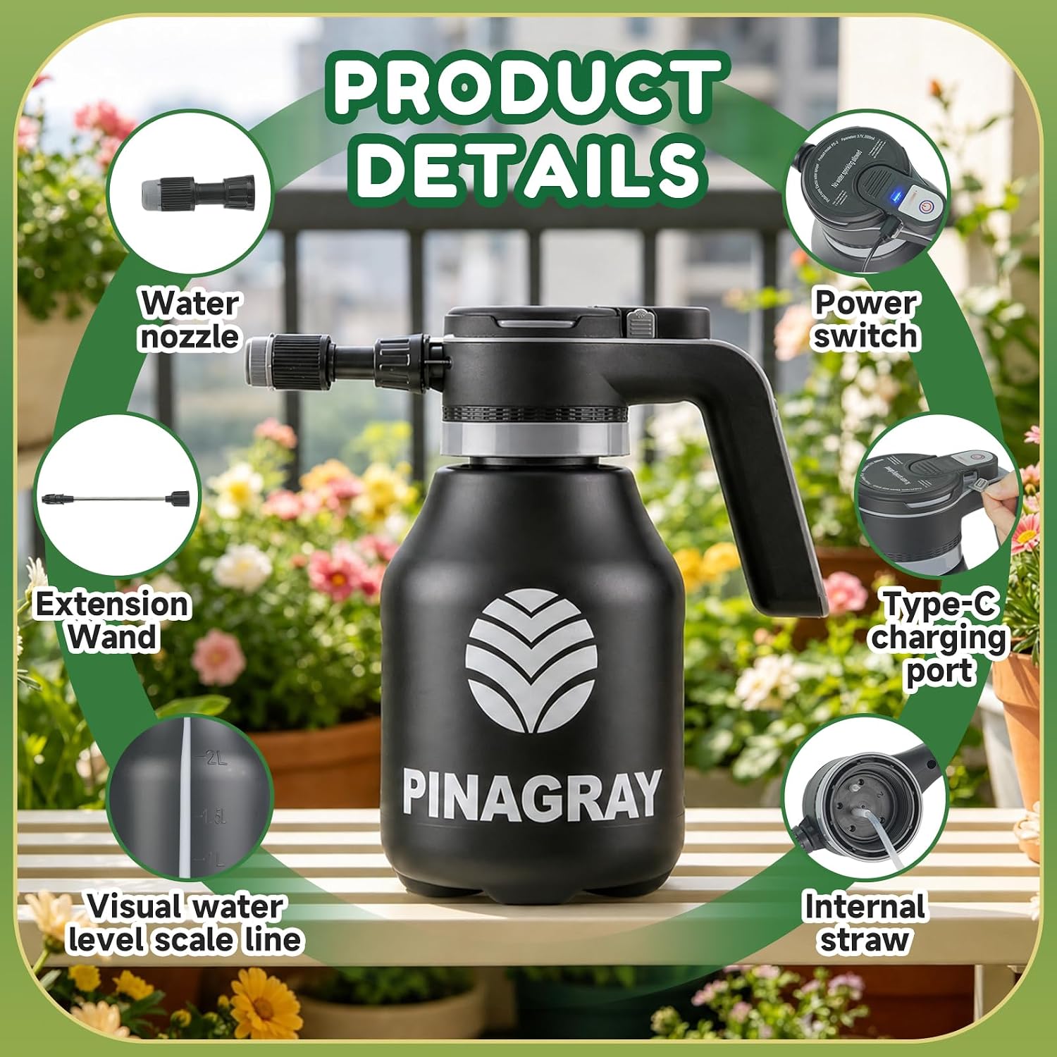 2L/0.5Gallon Upgraded Electric Water Sprayer with Thicker Body | precision nozzle + extension wand, 1hr runtime