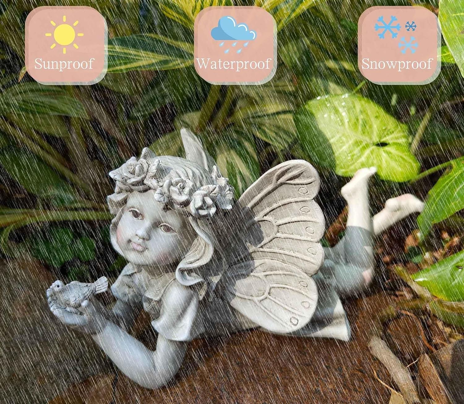 MeritMode Fairy Flower Garden Outdoor Statue - Angel Holding Bird | Hand-Painted Resin, Outdoor Angel Figurine , Flower