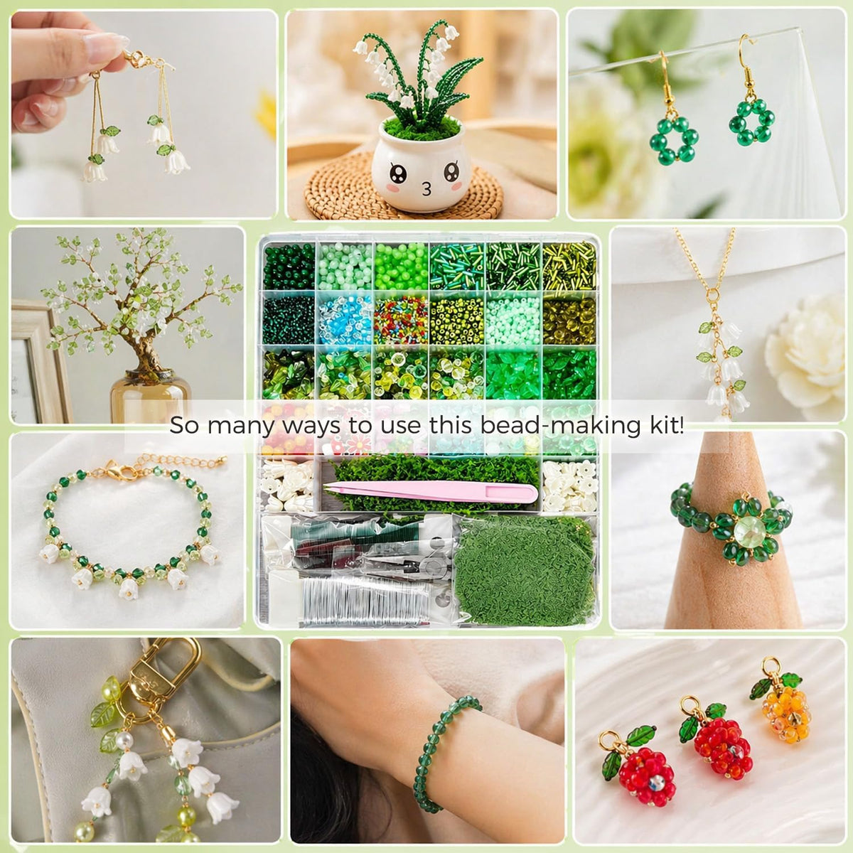 Vittqsuier 4607pcs DIY Green Glass Beads Plant Kit, Includes 4 Mini Vase Magnets for Fridge, 2 Plant Pots, Perfect for