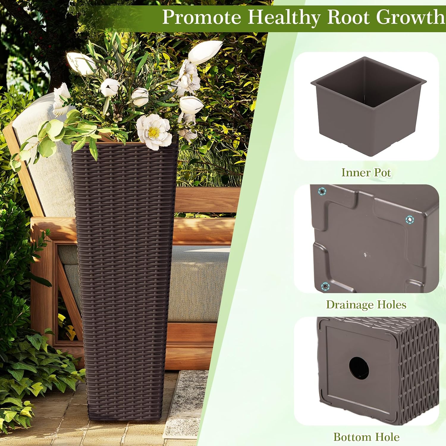 GIANTEX Planters for Outdoor Plants Set of 2, 32" & 24" Tall Tapered Plants | Inner Trays, Drainage Holes, Decorative