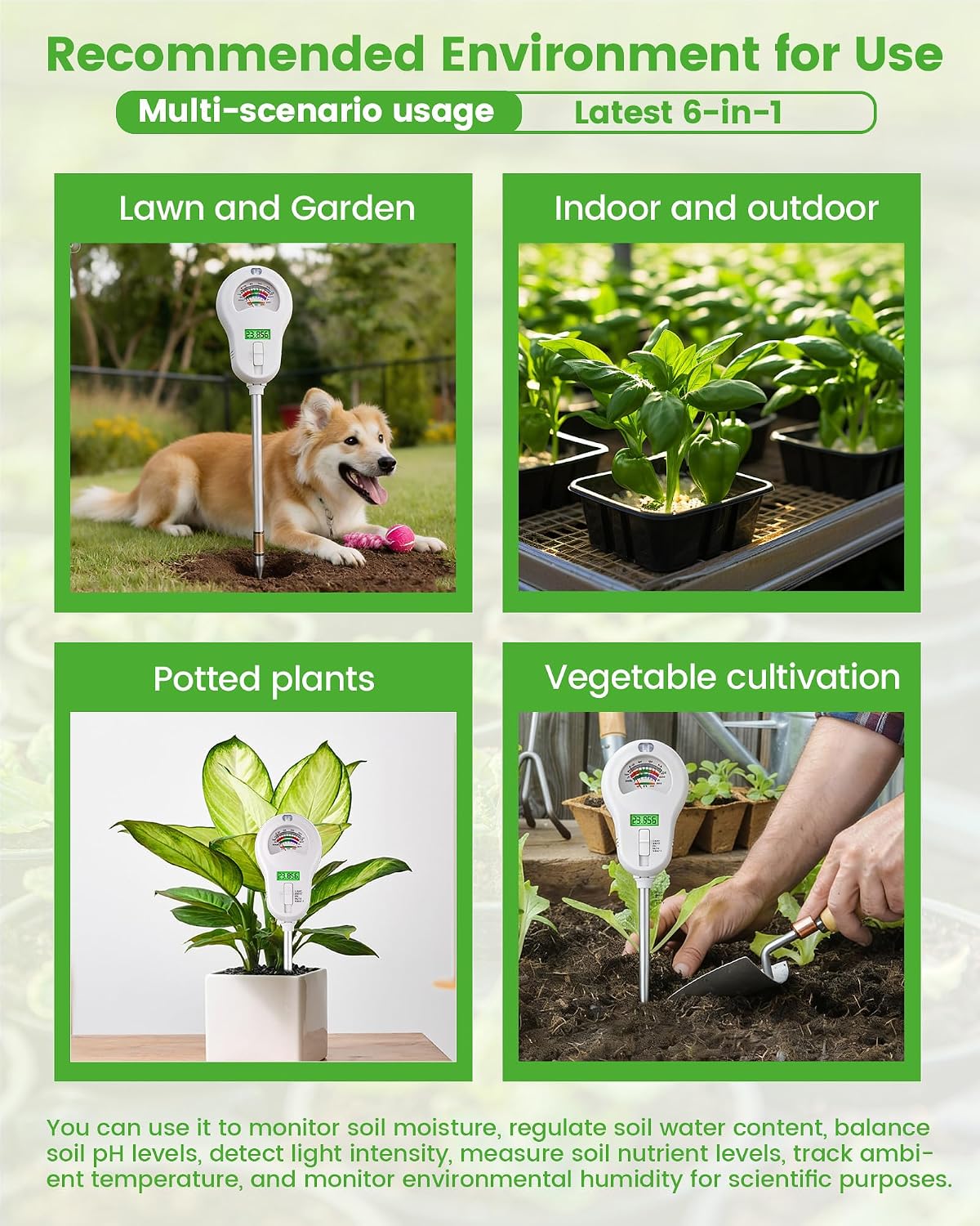 6-in-1 Soil Moisture Meter with 3 Probes, PH/Sunlight/Soil Moisture/Fertility with 3 Removable Probe, Digital Air