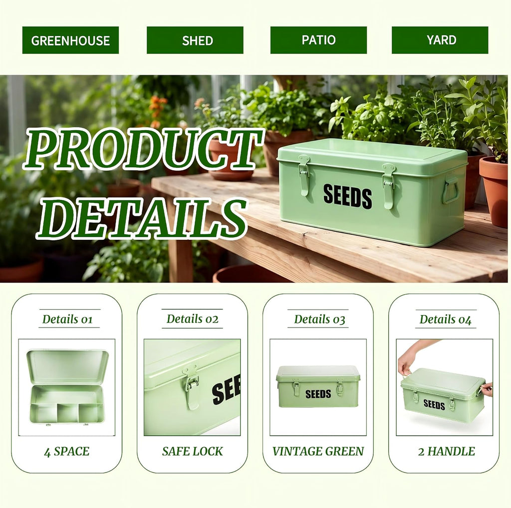 Seed Saving Box with 4 Compartments, Large Metal Seed Organizer Packet Container with Lid & Safety Locks, Garden Seed