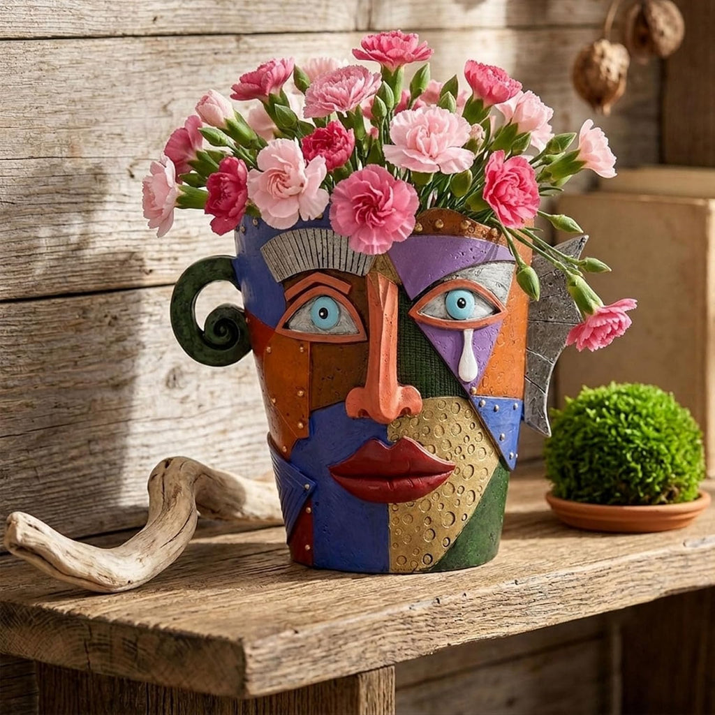 Large Picasso Abstract Face Planter Pot, Colorful Resin, Indoor Outdoor | Head Planter, 10.24 Inch, Drainage Hole, Fits