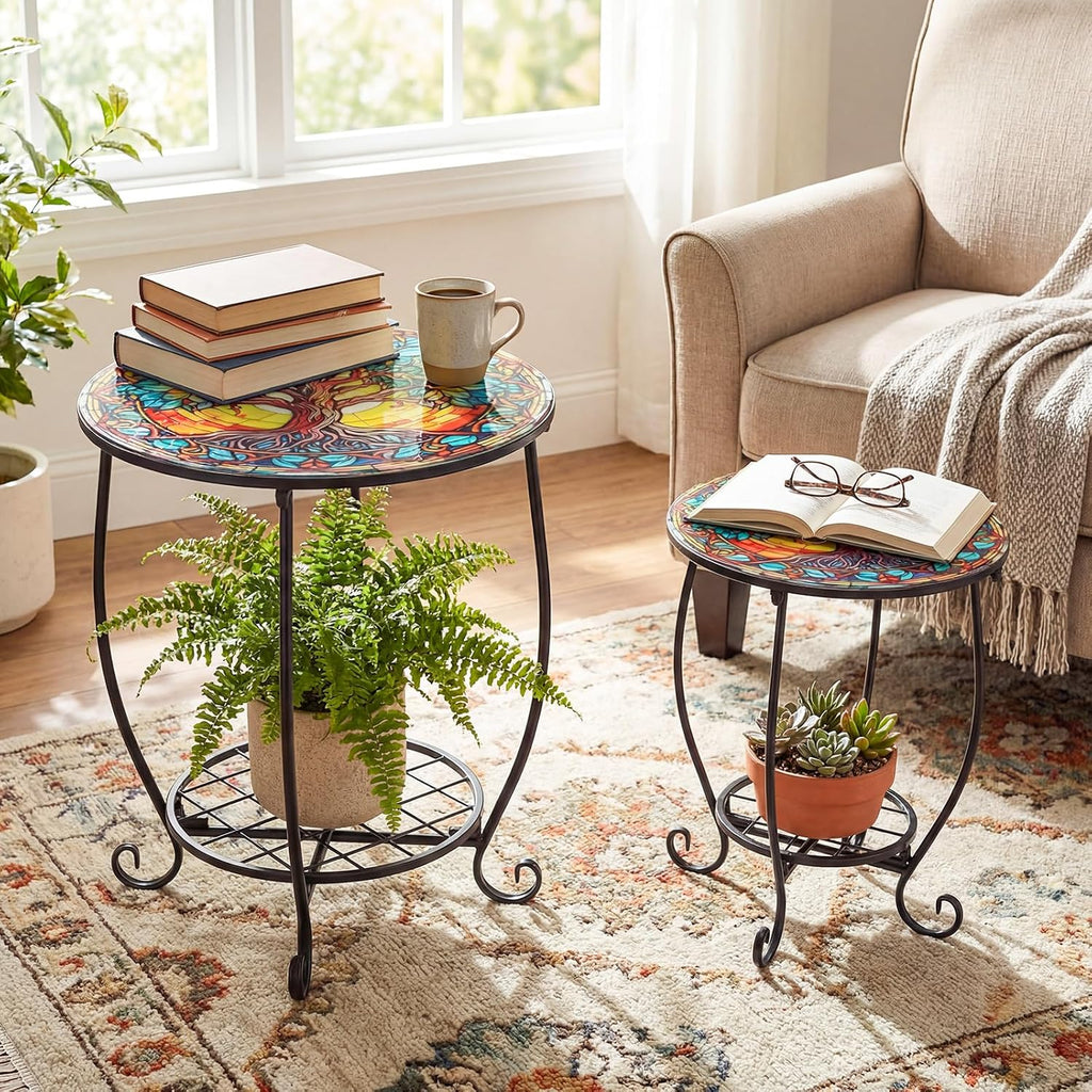 Cinnvoice 2 Outdoor Side Table Small Patio End Table, 12",16", Tree | Mosaic, Outdoor Side Table, Accent, Indoor