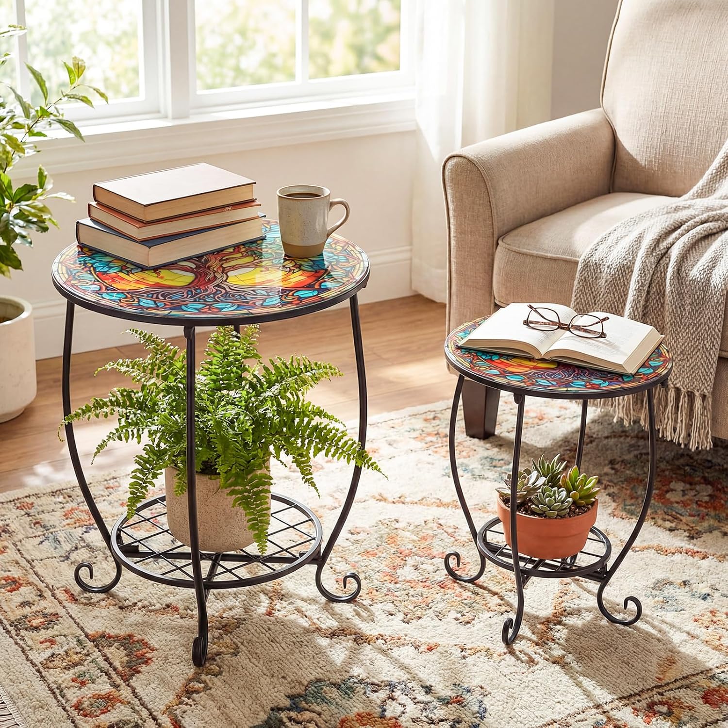 Cinnvoice 2 Outdoor Side Table Small Patio End Table, 12",16", Tree | Mosaic, Outdoor Side Table, Accent, Indoor