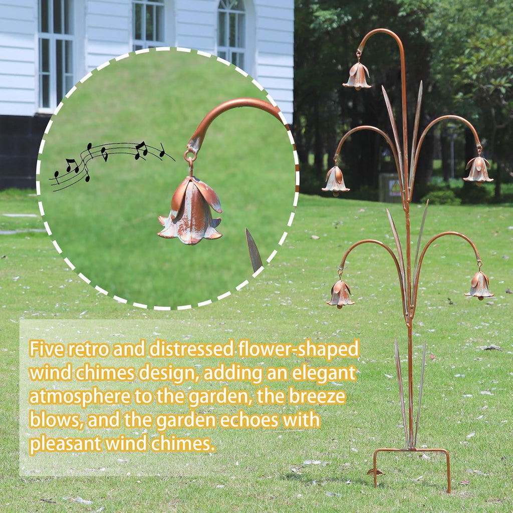 Metal Flowers with Bells for Outside Garden art, Decorative Garden Stakes | 41" H Outdoor Decoration for Patio Garden